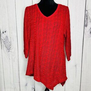 Chicos Womens Sweater Sz 2 Large Red Asymmetrical Pullover V-Neck Open-Knit